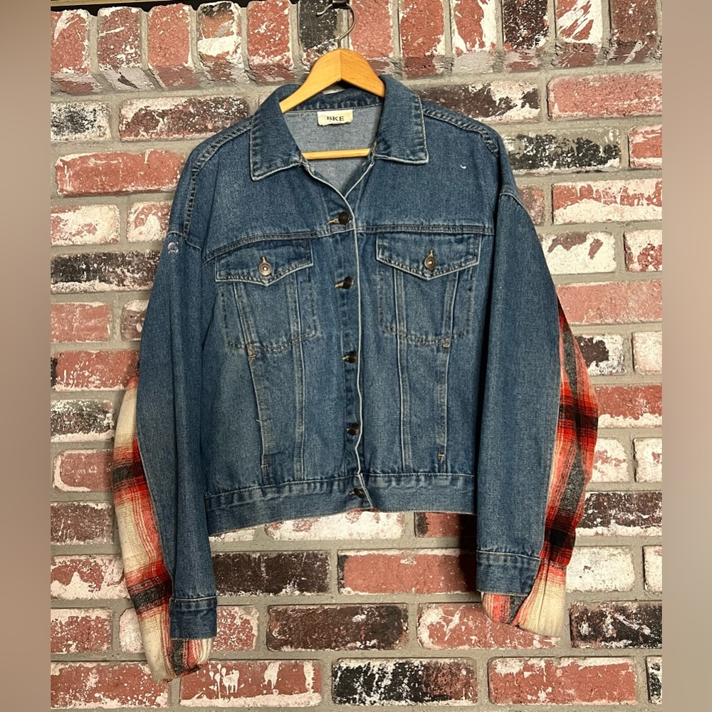 BKE Blue and Red Jean Jacket Classic Denim Style
